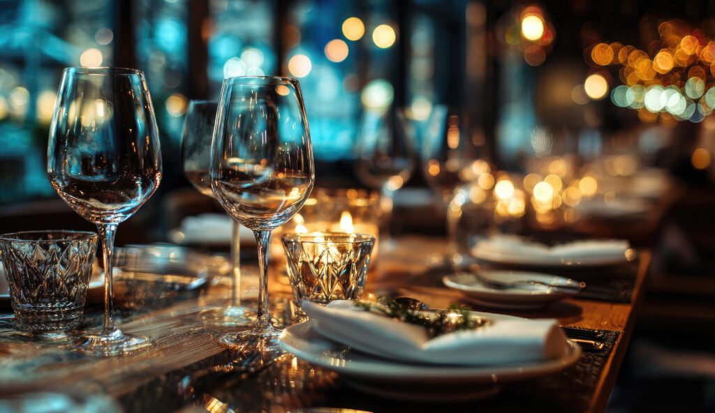 Foto von einem gedeckten Restauranttisch in Schwarzenbruch, Stolberg mit Weingläsern, Kerzen und warmem Licht im Hintergrund.