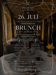 Screenshot einer Brunch-Einladung auf Deutsch mit einem festlich geschmückten Speisesaal und gedeckten Tischen. Die Einladung kündigt einen traditionellen Brunch am 26. Juli an und enthält Kontaktdaten für Reservierungen.