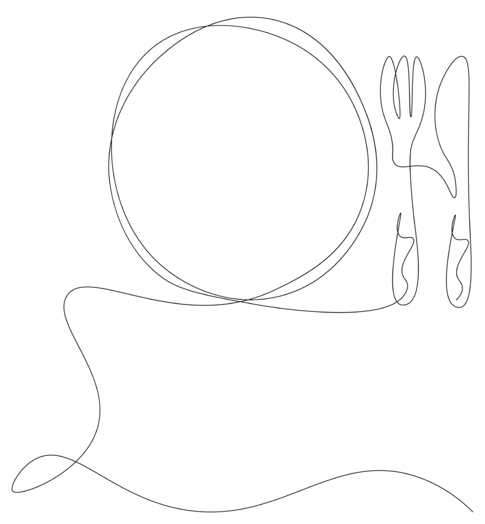Illustration eines Tellers, einer Gabel, eines Messers und Löffels als durchgehende Linie auf schlichtem Hintergrund.