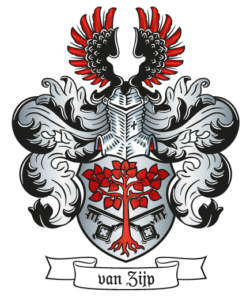 Wappen mit Helm und rot-schwarzem Flügel, Schild mit rotem Baum und zwei Schlüsseln, unten Banner mit Text "van Zijp".
